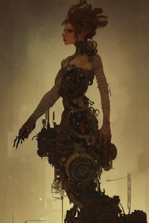 Prompt: A full portrait of a beautiful post apocalyptic offworld machinist, intricate, elegant, highly detailed, digital painting, artstation, concept art, smooth, sharp focus, illustration, art by Krenz Cushart and Artem Demura and alphonse mucha