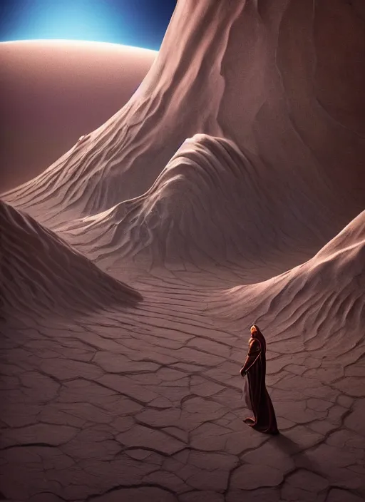 Prompt: Michael Whelan art directs Dune, veil in the dust, photorealistic, 3d render, award winning render, unreal engine, octane render, studio lighting, 8k, hd