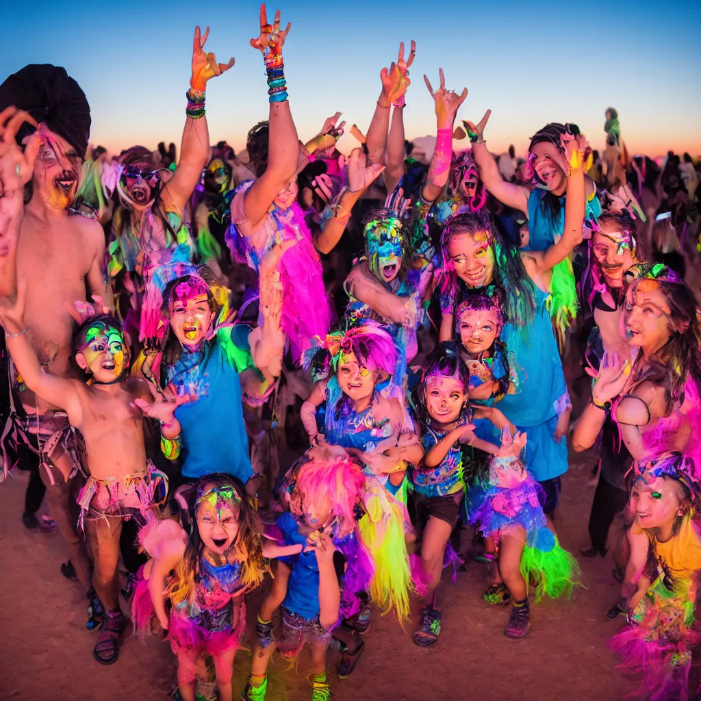 Image similar to family rave in the desert with diverse ages and ethnicities, XF IQ4, 150MP, 50mm, F1.4, ISO 200, 1/160s, dawn