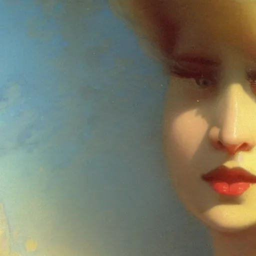 Image similar to a young woman's face, her hair is white and she wears a cobalt blue satin cloak, by ivan aivazovsky and syd mead and moebius and gaston bussiere and roger dean and pieter claesz and paul delaroche and alma tadema and aelbert cuyp and john berkey, hyperrealistic, volumetric light, octane render