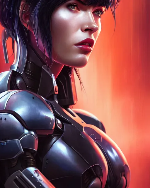 Image similar to weta movie still portrait photo of megan fox as the major ghost in the shell as cyborg woman by pixar, by weta, wlop, ilya kuvshinov, rossdraws, artgerm, maxim cover, latex, sweaty, iridescent, bright morning, anime, liosh, mucha