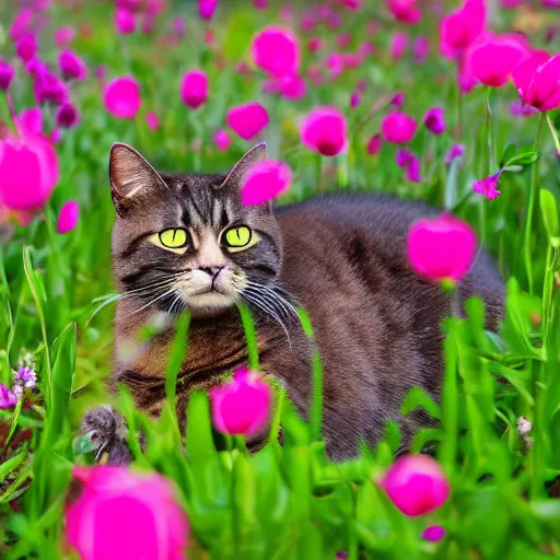 Image similar to a professional photograph of a cat in a field of flowers, high quality, highly detailed, cute, HD, 8K