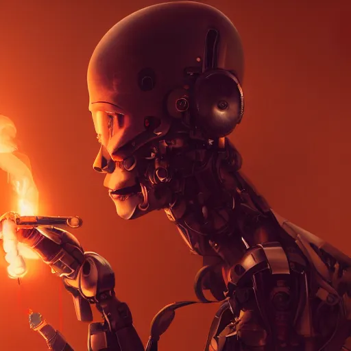 Image similar to an attractive robot smoking by greg rutkowski, sung choi, mitchell mohrhauser, maciej kuciara, johnson ting, maxim verehin, peter konig, 8 k photorealistic, cinematic lighting, hd, high details, dramatic, dark atmosphere, trending on artstation