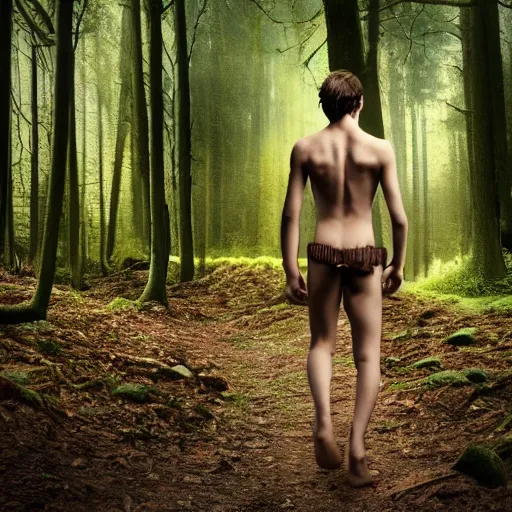 Prompt: a teenage boy, around 1 9 years old with necklace, natural brown hair, loincloth, pale skin, detailed face. running in ominous and eerie looking forest. natural color. hyperrealistic photo.