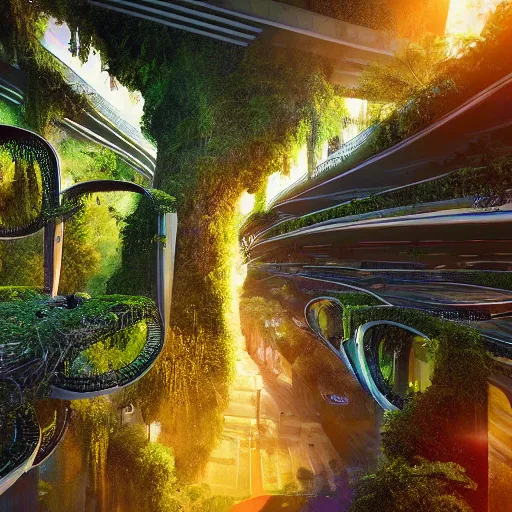 Prompt: overgrown futuristic sci - fi reisroute colombia medellin, orange dawn, hyperrealistic