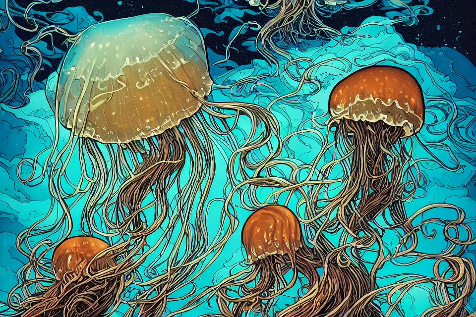 Prompt: a beautiful ultradetailed comic cover art of a gigantic glowing layered jellyfish creatures with long flowing tendrils, by Laurie Greasley and Peter Mohrbacher and Quentine Mabilles and Dan Mumford, tarot card art, detailed, dramatic lighting