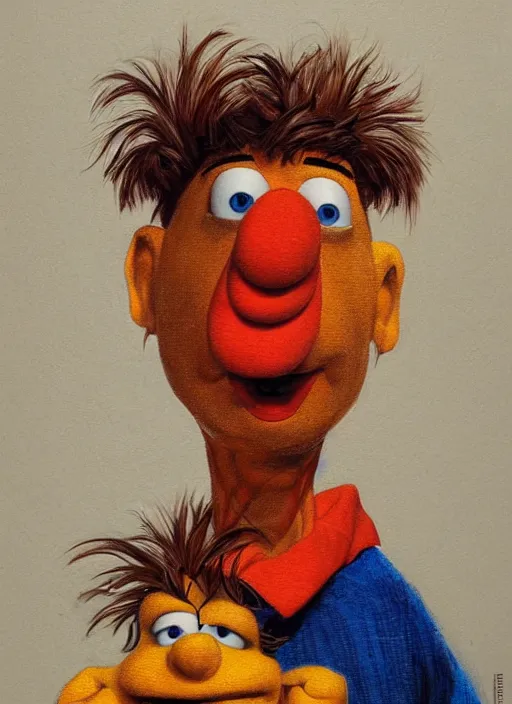Prompt: portrait Bert and Ernie fused together in Society (1989), highly detailed, centered, solid color background, digital painting, artstation, concept art, smooth, sharp focus, illustration, artgerm, donato giancola, Joseph Christian Leyendecker, Les Edwards, Ed Repka, WLOP, Artgerm