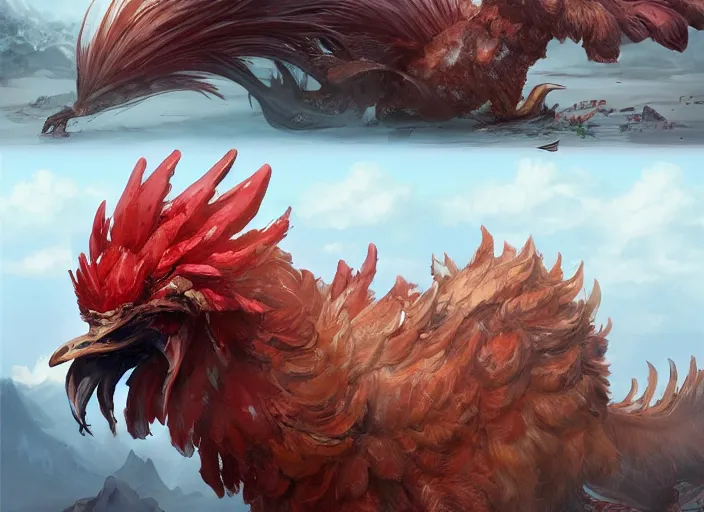 Image similar to detailed concept art of a huge rooster monster creature by cheng yi and luolin, artstation, artstationhd