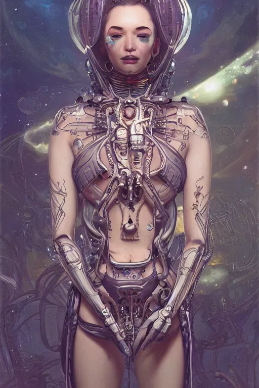 Image similar to An Alien Robot concubine, facial tattoos, artists portrait, biomechanical, oppai, fantasy, highly detailed, photograph, concept art, sharp focus, depth of field blur, illustration, art by artgerm and greg rutkowski and alphonse mucha and trevor brown