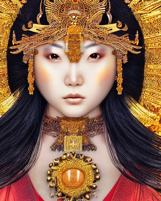 Image similar to hyper realistic portrait photo of beautiful ameterasu the sun goddess of japan, japanese model, portrait shot, intricate detail, glittering sun rays