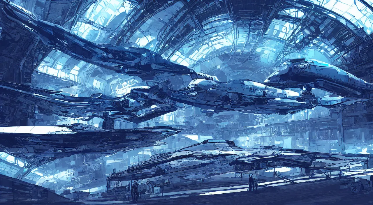 Image similar to digital illustration of a detailed spaceship in a hangar, sci fi, cold blue colors, trending on artstation