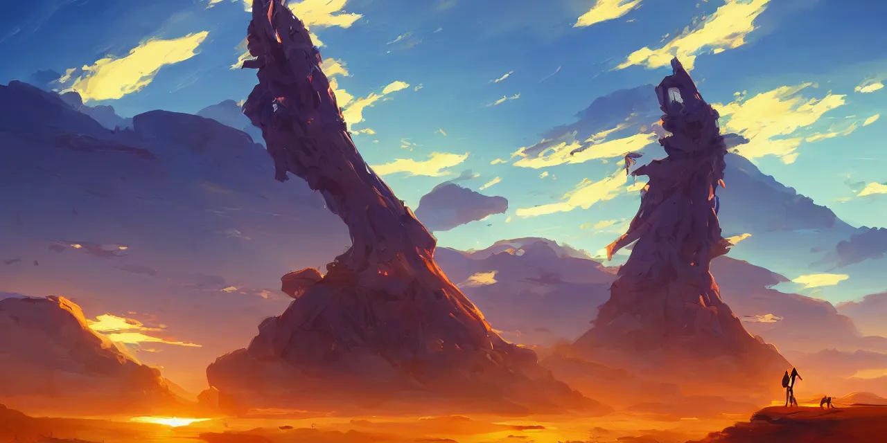 Image similar to twilight on a blue desert, organic tower in the middle distance, green tinged sky with a red sun, official fanart behance hd artstation by jesper ejsing, by rhads, makoto shinkai and lois van baarle, ilya kuvshinov, ossdraws