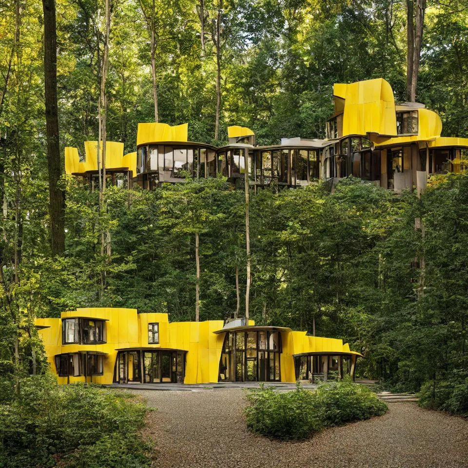 Prompt: a house in a light forest clearing, designed by Frank Gehry. Tiles. Gravel pathway with parking. Barbecue in front. Film grain, cinematic, yellow hue