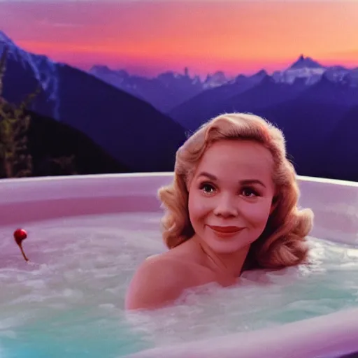 Prompt: 2 7 year old tuesday weld in a bubble bath of glowing iridescent reflective bubbles, in a marble claw - foot bathtub, on an outside deck overlooking the swiss alps at sunset, eating chocolate covered cherries and smiling lasciviously at the nikon camera, soft focus, golden hour, by francine van hove and gil elvgren