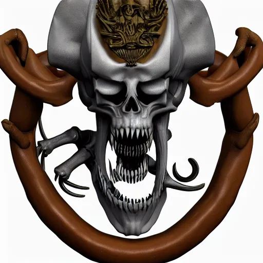 Image similar to 3d render of an old coat of arms with bones, skulls, xenomorphic skulls nerves and veins