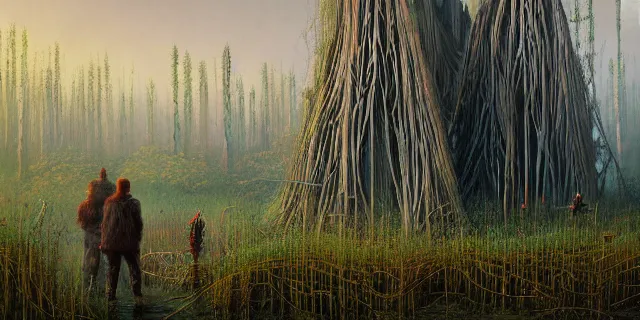 Image similar to painting dreadful forest of weeping willows in a bog by tomasz alen kopera and cornelius dammrich with futuristic wood castle by eddie jones and simon stahlenhag