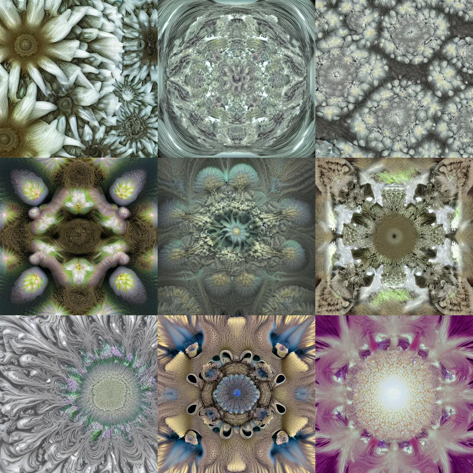 Prompt: The Mandelbulb has grown flowers all over its surface. Full frame view. In a white room. Soft light. High Detail