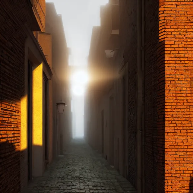 Image similar to a long narrow alleyway between buildings leading into the horizon by joseph ducreux, artstation, volumetric lighting, perfect, high detail