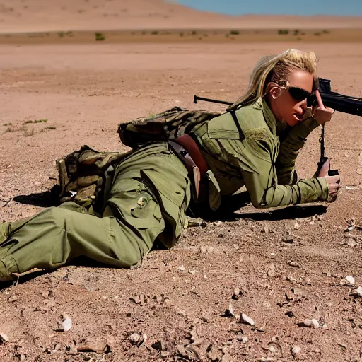 Prompt: cinematic shot of Britney Spears wearing green military clothes lying prone on the ground aiming a rifle in the desert, 8k, highly detailed, highly intricate, depth of field,