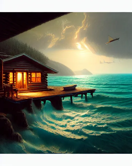 Prompt: a hyper - detailed 3 d render like an oil painting of cabin dreaming of the ocean!!!!! surreal concept art, lifelike, photorealistic, digital painting, aesthetic, smooth, sharp focus, artstation hd, by greg rutkowski, bruce pennington, valentina remenar, rhads, asher duran,