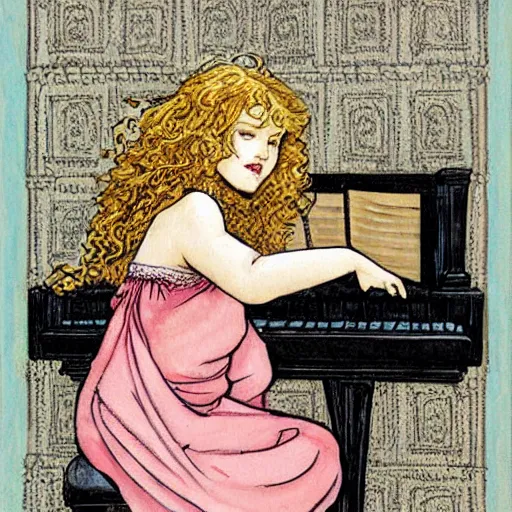 Image similar to girl with curly blonde hair sitting at a piano, art by rebecca guay