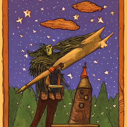 Image similar to baba yaga flying in a mortar through the night sky