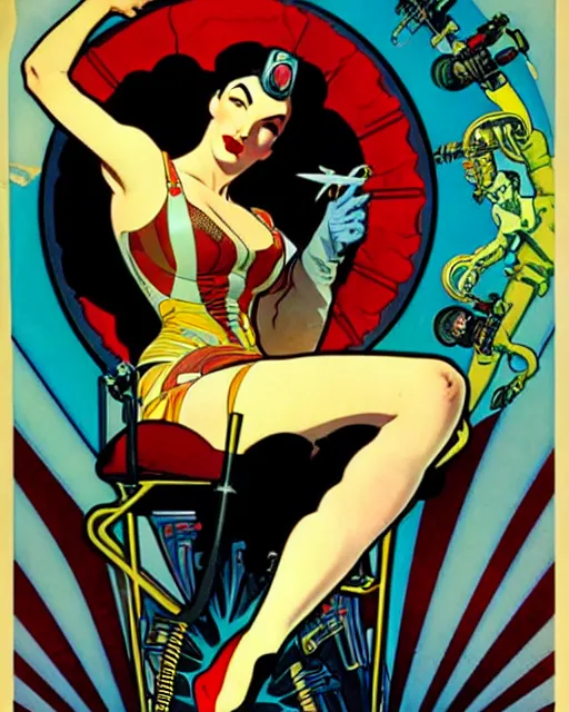 Image similar to a retro future science fiction pinup illustration of dita von teese, alphonse mucha, alberto vargas, gil elvgren, diesel punk.