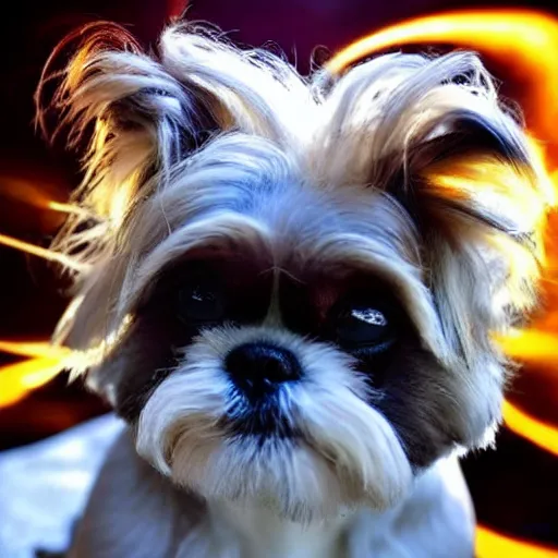 Image similar to Super Saiyan Shih Tzu, Gold Hair, Glowing, Lightning Arcs, Crackling, Blue, Blonde, Glowing, Dog