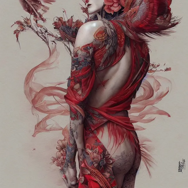 Image similar to ultra realistic illustration, beautiful ethereal woman dressed in red kimono, backview, tattoos, in the style of peter mohrbacher by weta digital and beth cavener, high face symmetry, intricate, masterpiece, award winning, high face symmetry, intricate