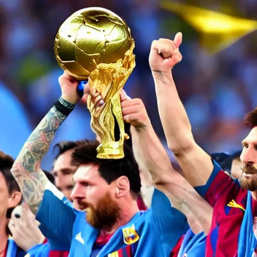 Prompt: super realistic and detailed photo of Lionel Messi lifting the World Cup, wearing the Argentina football team jersey, background out of focus,