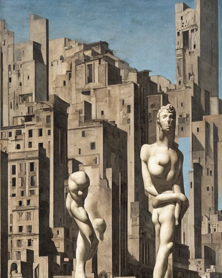 Image similar to an achingly beautiful roman marble sculpture standing alone amid a bustling futuristic metropolis by Giorgio De Chirico.