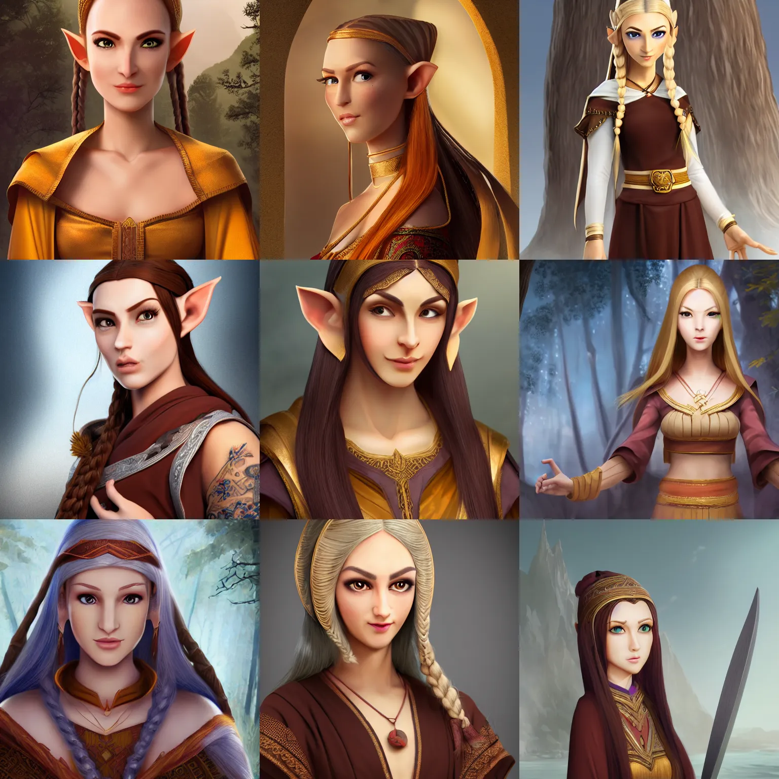 Prompt: tall female half elf with short ears, long blond single braided hair, almond shaped dark brown eyes with long lashes, big forehead with a round tapered face, sharp nose with rounded edges, full lips, monk clothes, full body illustration, character art, character design, 4 k, 8 k, unreal render