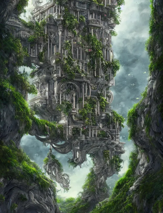 Image similar to a beautiful illustration of a fluid form future mansion with hanging gardens, trending on artstation, digital art, 4 k resolution, detailed, high quality, sharp focus, hq artwork, coherent, insane detail, character portrait
