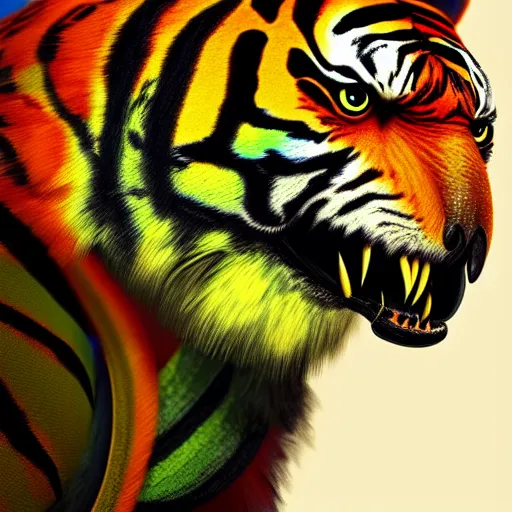 Image similar to a parrot and a tiger fused together, hyperdetailed, artstation, cgsociety, 8 k