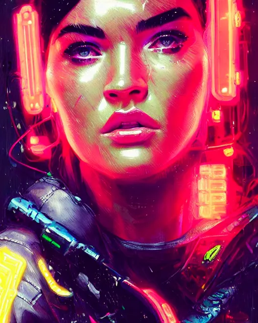 Image similar to detailed megan fox portrait neon operator girl, cyberpunk futuristic neon, reflective puffy coat, decorated with traditional japanese ornaments by ismail inceoglu dragan bibin hans thoma greg rutkowski alexandros pyromallis nekro rene maritte illustrated, perfect face, fine details, realistic shaded, fine - face, pretty face