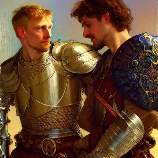 Image similar to attractive arthur pendragon and his attractive male knight, they are in love, natural lighting, path traced, highly detailed, high quality, digital painting, by gaston bussiere, craig mullins, alphonse mucha j. c. leyendecker