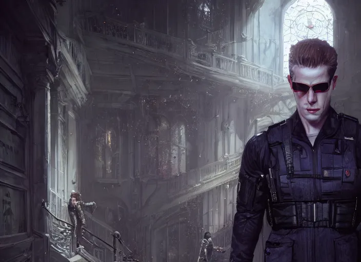 Image similar to highly detailed portrait of anthony starr as albert wesker, in resident evil, stephen bliss, 8 k, unreal engine, fantasy art by greg rutkowski, loish, rhads, ferdinand knab, makoto shinkai and lois van baarle, ilya kuvshinov, rossdraws, tom bagshaw, global illumination, radiant light, detailed and intricate environment