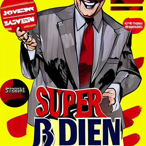 Image similar to Super Evil Joe Biden laughin, cover art by Stephen Bliss, Boxart