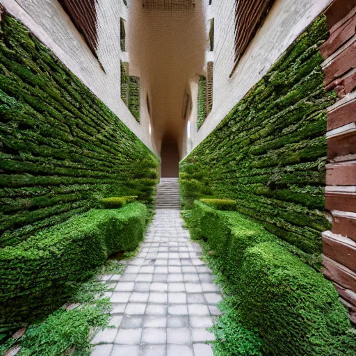 Image similar to courtyard complex of a labyrinthine monastary made of iteratively stacked voxel bricks, fusion of carlo scarpa and louis kahn, moss and ivy growing on the bricks, architectural photography