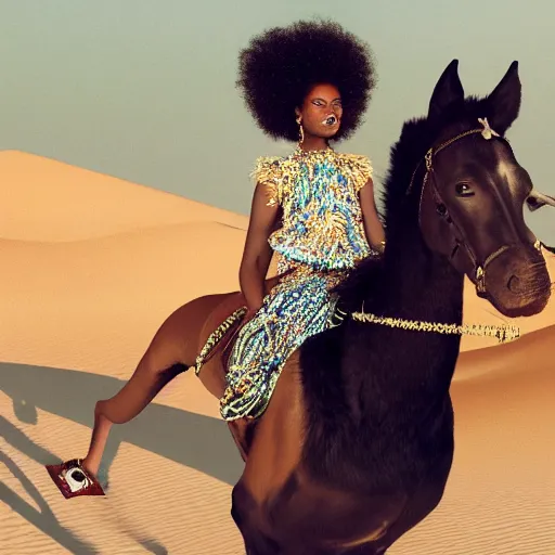 Prompt: afro woman riding a diamond horse in the desert, vogue magazine, detailed photographed