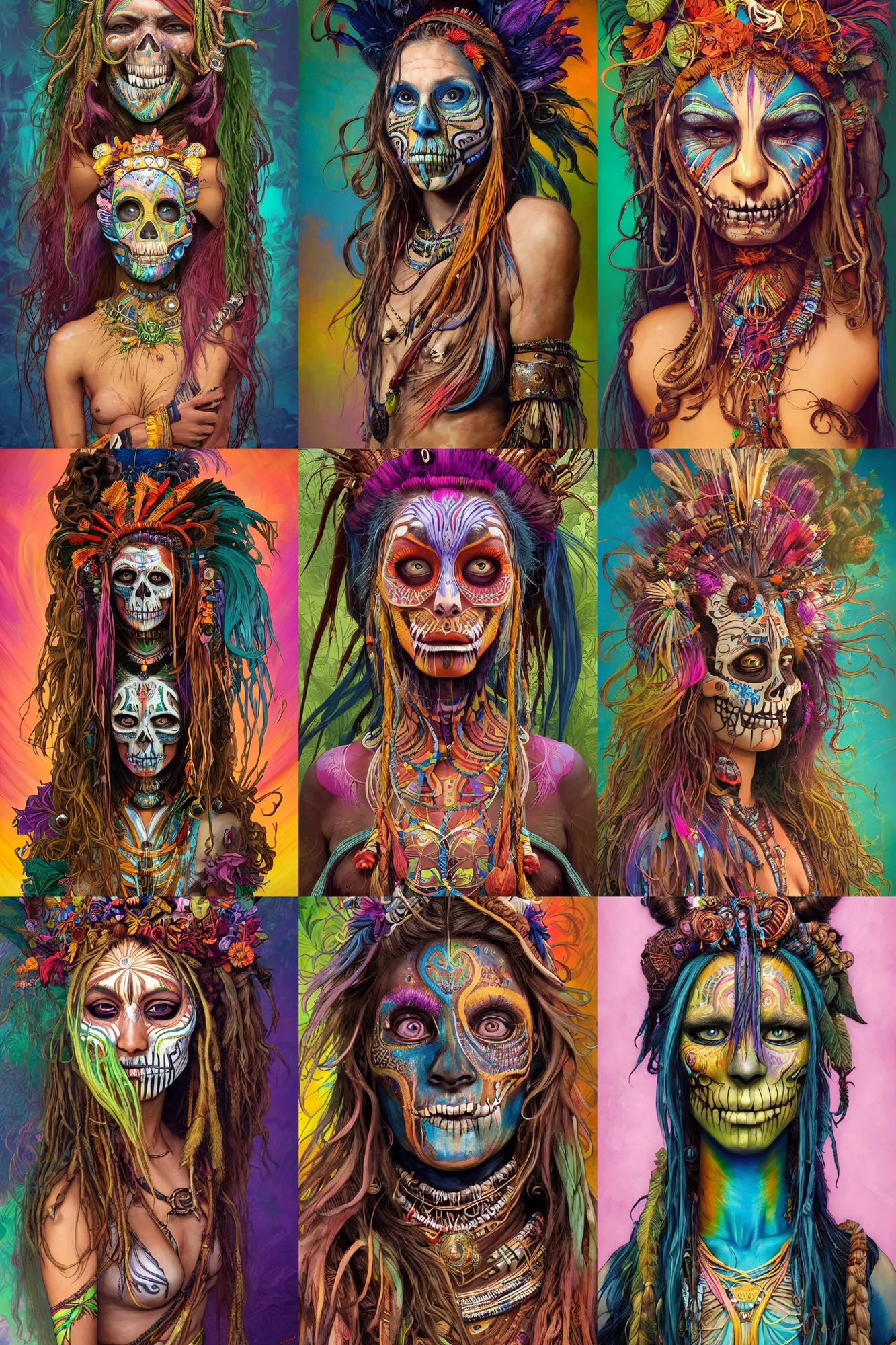 Prompt: woman, Amazon tribe, body paintings, full character, character concept,skull mask, long hair, dred, full body shot, many colors, colorful, all colors, highly saturated colors, Dan Mumford, Peter Mohrbacher, Alfons Mucha, fantasy character, detailed illustration, hd, 4k, digital art, overdetailed art, concept art, trending on artstation