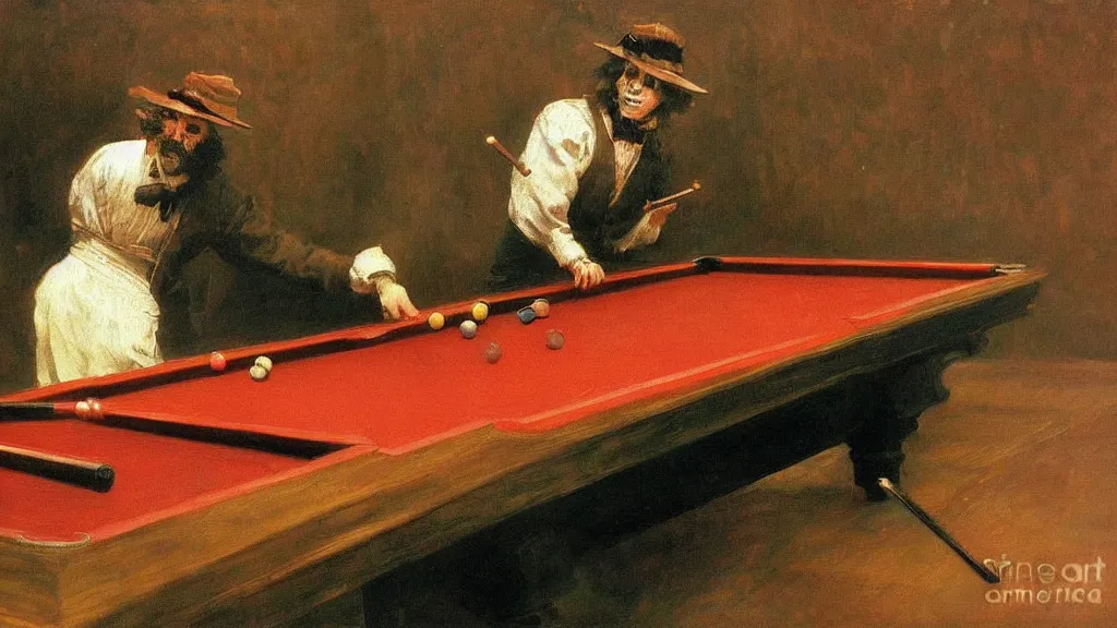 Image similar to high quality high detail painting by ilya repin, the joker playing pool hd