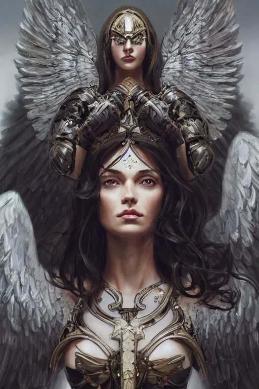 Image similar to a professional painting of a beautiful archangel woman, warhammer style , olive skin, long dark hair, beautiful bone structure, symmetrical facial features, intricate, elegant, digital painting, concept art, smooth, sharp focus, illustration, from Metal Gear, by Ruan Jia and Mandy Jurgens and Artgerm and William-Adolphe Bouguerea