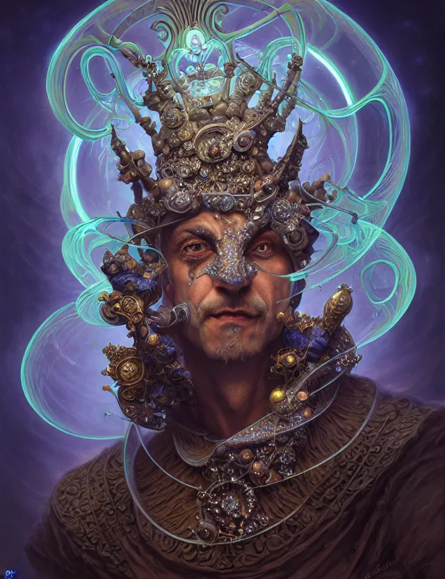 Image similar to front shot of a court jester character, hyperdimensional, bioluminescent hypercubes, ((intricate)), elegant, highly detailed, centered, (((artstation, concept art, smooth, sharp focus, artgerm, Tomasz Alen Kopera, Peter Mohrbacher, donato giancola, Joseph Christian Leyendecker, WLOP, Boris Vallejo))), mugshot!!!!!, ugly!!!!!!, octane render, nvidia raytracing demo, grainy, muted, 8K, digitalblasphemy