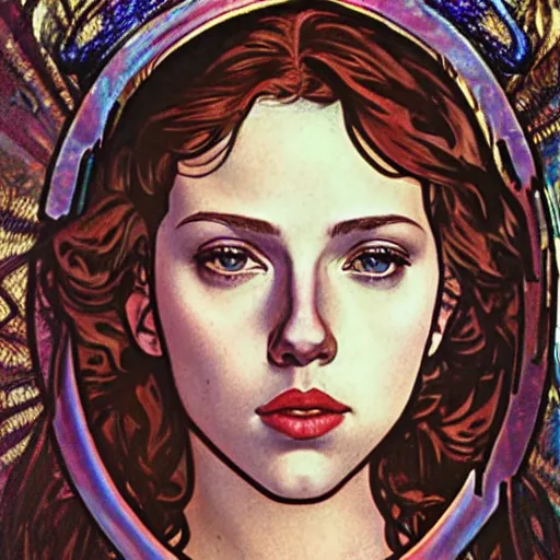 Prompt: realistic detailed face portrait of 14-year old Scarlett Johansson as Joan of Arc with a bob hairstyle wearing iridescent armor by Alphonse Mucha and Moebius, art nouveau