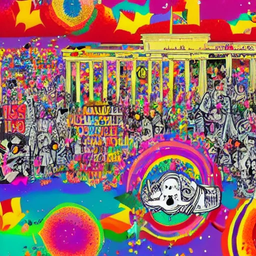 Prompt: fall of the berlin wall, in the style of lisa frank