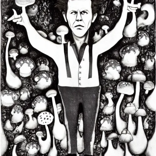 Image similar to tom waits in a world of mushrooms, by Stephen Bliss