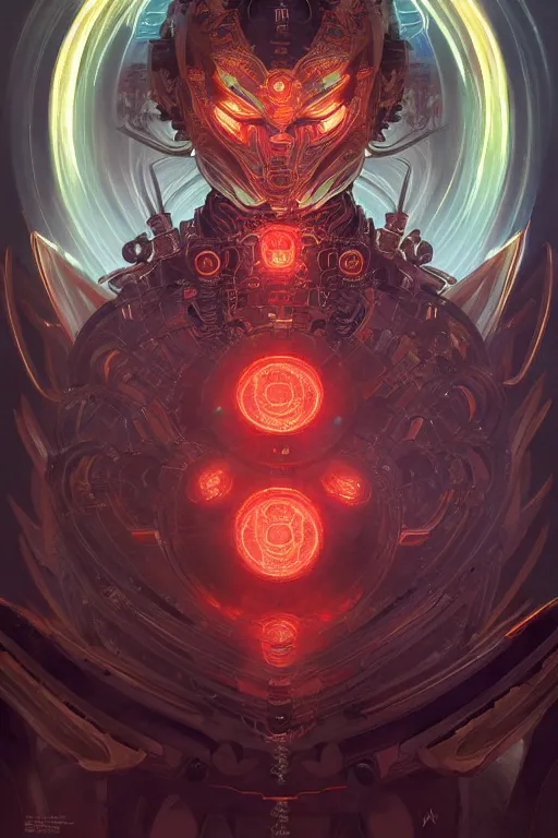 Image similar to asura from chinese myth, ghost, mecha, symmetrical. sci - fi, tech wear, glowing lights, intricate, elegant, highly detailed, digital painting, highly detailed, digital painting, artstation, concept art, smooth, sharp focus, illustration, art by artgerm and greg rutkowski and alphonse mucha