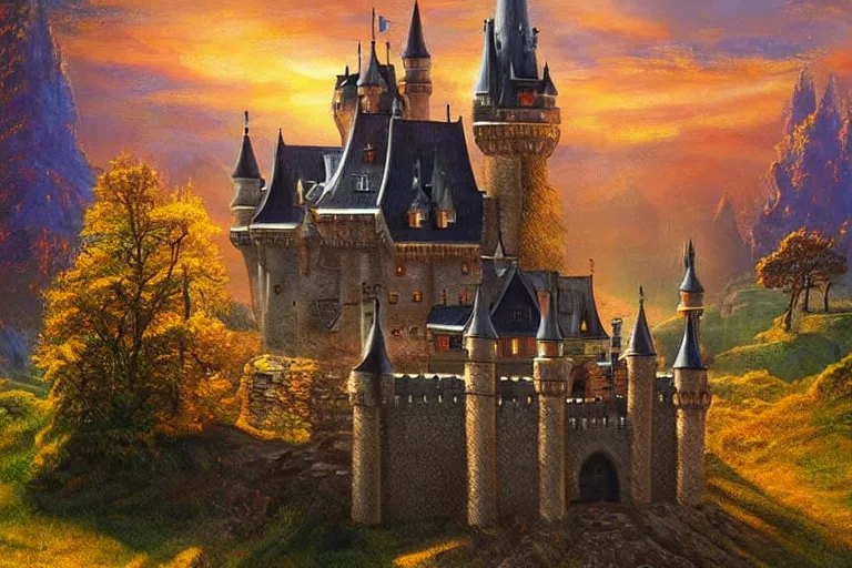 Image similar to castle, fantasy, painting, ultra realistic!!!, clear weather, golden hour, sharp focus