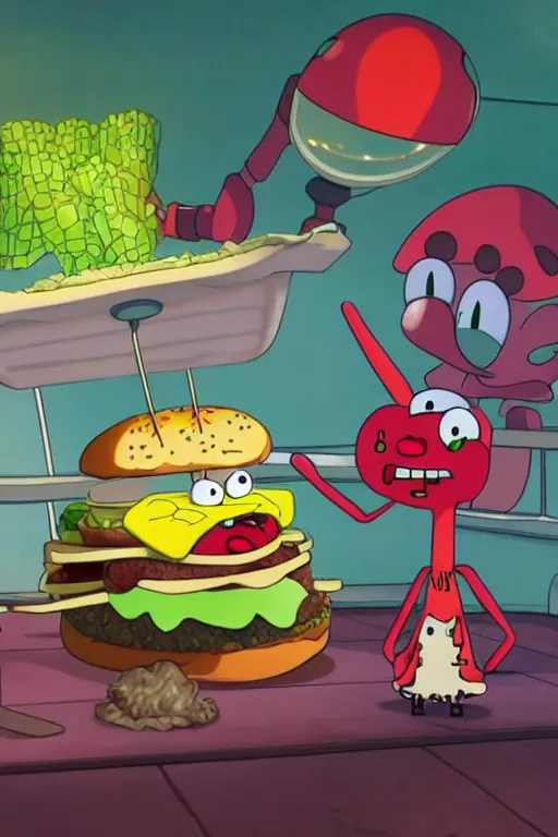 Image similar to sifi spongebob fight mr crabs for a burger, anime, 4 k